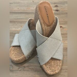 Lucky Brand Valmai Cork Wedge Sandals, SlipOn, Natural Linen, Size 7.5, EUC